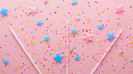 Wall Mural - Festive Pink Party Background with Colorful Confetti and Star Decorations