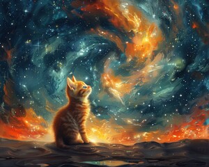 Create a surrealistic painting of a kitten playing with a ball of yarn that unravels into a path of stars.