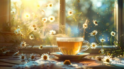 Wall Mural - Chamomile Tea with Warm Sunshine