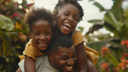 Wall Mural - Couple giving two young children piggyback rides smiling