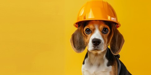 Poster - This image shows a yellow background with a beagle wearing a construction helmet.