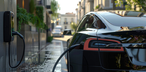 Poster - A generic electric vehicle EV hybrid car is being charged by a wallbox in a contemporary modern house