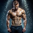 © Vasyl - Muscular Man Posing in Rain With Defined Abs. Generative AI