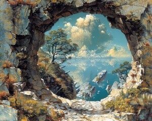 Wall Mural - create a surrealistic painting of a person gazing into a mirror that reflects a fantastical, dreamli
