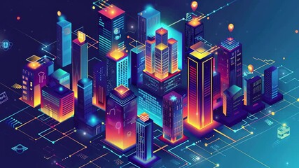 Poster - Smart city and communication network concept. Futuristic smart city isometric background with digital hologram of building. Futuristic urban technology. Technology Background. Smartcity buildings. IOT