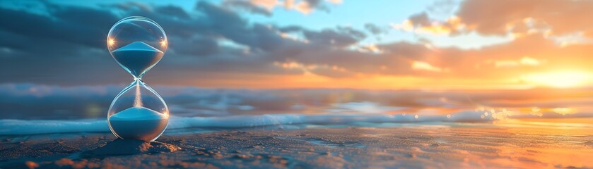 Poster - Suspended Hourglass Defying Gravity with Upward Flowing Sand in Dreamlike Sunset Landscape