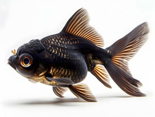 Sticker - A Captivating Black Moor Goldfish with Distinctive Telescopic Eyes Against a Stark White Background