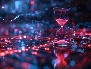 Poster - Futuristic Holographic Hourglass in Sci Fi Digital Environment Symbolizing Time