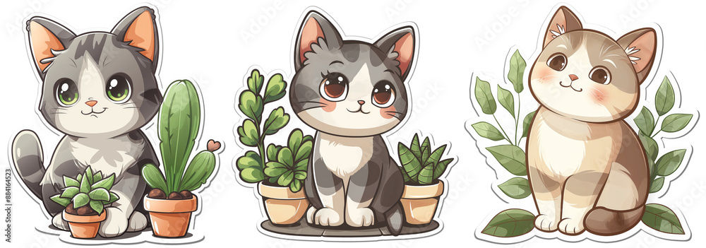 cute lovely cartoon cat smiling sitting in pot plant garden sticker ...