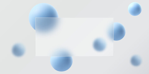 Website landing page in glass morphism style. A partition made of transparent material with floating blue spheres.