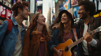 Wall Mural - Full shot friends with guitar in city