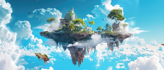 Wall Mural - Cloudhaven, modern floating island with fantasy elements, set against a stunning blue sky and clouds background, a dreamy and ethereal visual
