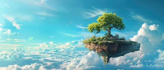Wall Mural - Celestial Retreat, fantasy-inspired floating island with modern twist, overlooking a picturesque blue sky and clouds background, a peaceful and heavenly atmosphere