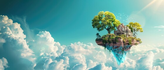Wall Mural - Skybound Oasis, fantasy-inspired floating island with modern twist, overlooking a scenic blue sky and clouds background, a serene and enchanting atmosphere