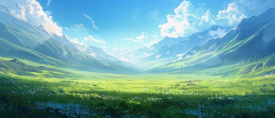 Wall Mural - a picturesque valley background with a wide area for text, highlighting mountains, a blue sky, and a