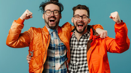 Wall Mural - Goodhumored emotional men rejoice and celebrate victory on blue background Charming guy in orange jacket and brunet man in checkered shirt pose in great mood