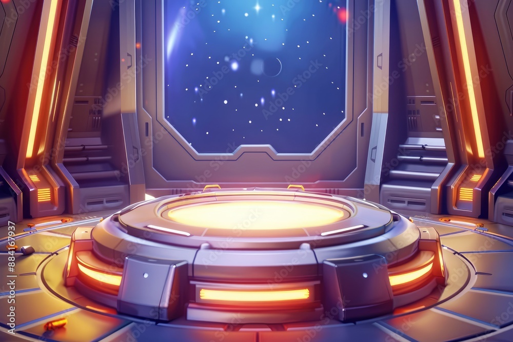 Futuristic spaceship interior with glowing platform and starry night ...