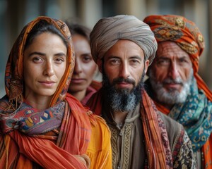 Create a high-quality photograph of a group of people from different faiths standing together with their religious symbols.