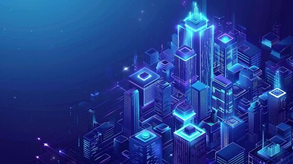 Poster - Smart city and communication network concept. Futuristic smart city isometric background with digital hologram of building. Futuristic urban technology. Technology Background. Smartcity buildings. IOT