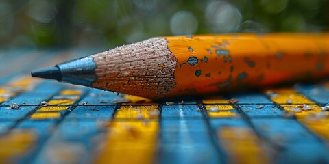 Poster -  A close-up of a pencil on a blue and yellow table.