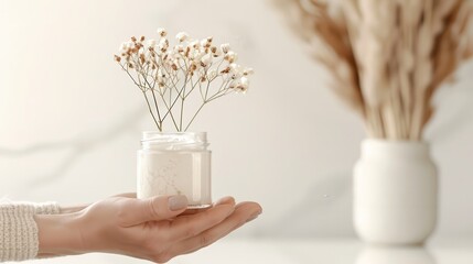 Sticker - Woman holding a glass jar with dried flowers.