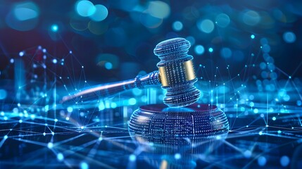 Technological blue digital gavel surrounded by digital data on blue bokeh background, representing the role of artificial intelligence in business justice. judge hammer