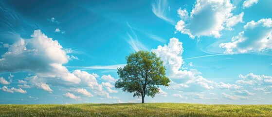 Wall Mural - Blue sky and cloud with meadow tree, plain landscape background for summer poster, a serene and idyllic visual