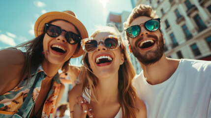 Wall Mural - Group of happy friends in sunglasses in city