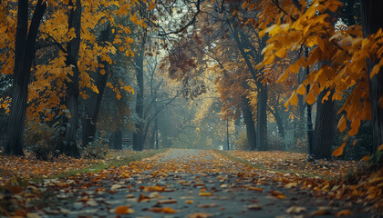 Canvas Print - A path through a forest with leaves on the ground