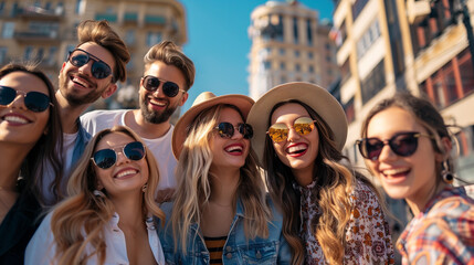 Wall Mural - Group of happy friends in sunglasses in city