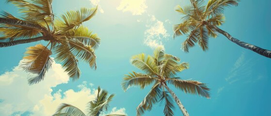 Wall Mural - Tropical Oasis, blue sky and palm trees view from below, vintage style, a peaceful and serene atmosphere