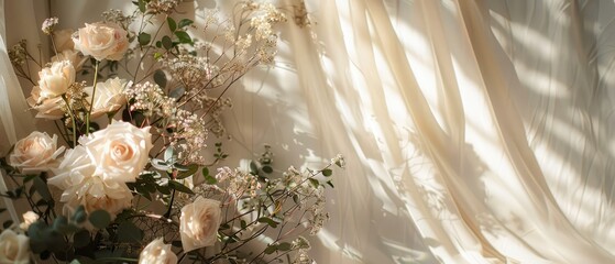 Wall Mural - Whimsical Wedding, boho backdrop with natural light shadows on beige linen cloth, a free-spirited and romantic atmosphere