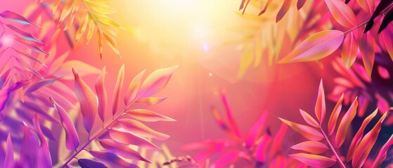 Wall Mural - colourful abstract summer background design, with bright sun and tropical leaves, a vibrant and ener