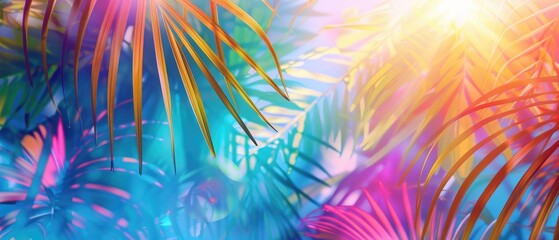 Wall Mural - summer splash, abstract background with bright sun and tropical leaves, a fun and playful atmosphere