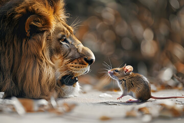 Wall Mural - A fierce lion roaring at a quiet mouse. Concept of strength vs. meekness.