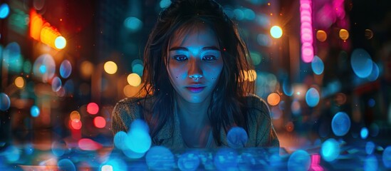 Wall Mural - Woman in Blue Light with Bokeh Background