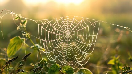 Canvas Print - Dew-Covered Spider Web in Morning Light