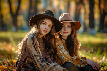 Wall Mural - Stylish girls sitting in a park