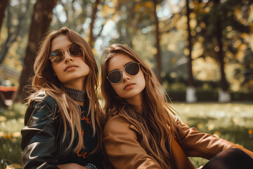 Wall Mural - Stylish girls sitting in a park