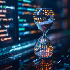 Poster - a digital hourglass on computer screen with binary code flow representing the concept of time in the