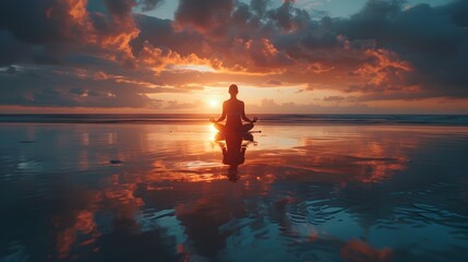 Poster - Silhouette of a Person Performing Yoga Amidst Stunning Sunset Reflection on Beach