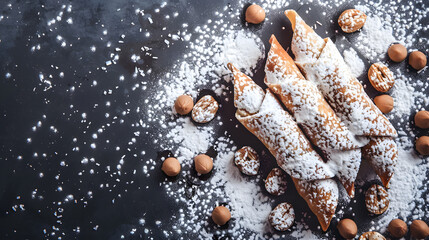 A top-down view of three Italian cannoli sprinkled with powdered sugar, surrounded by scattered nuts, on a black surface. The setup creates a festive and appetizing atmosphere.
