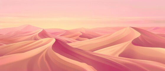 Wall Mural - Pink Horizon, surreal desert landscape with undulating sand dunes, sunrise background with pink gradient sky, a vibrant and dreamy visual