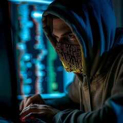 Wall Mural - Hooded Hacker Crafting Malicious Ransomware Program on Computer Screen