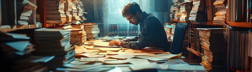 Poster - hacker uncovering secrets in a digital archive with old confidential files