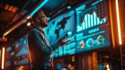 Poster - Business Professional Giving Presentation on Stage with Financial Growth Data