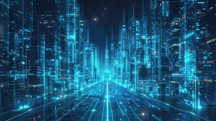 Poster - Skyscraper futuristic city. Futuristic cityscape with holographic neon blue lights and digital grid background. Urban development and smart city technology. Smart city digital. Technology background