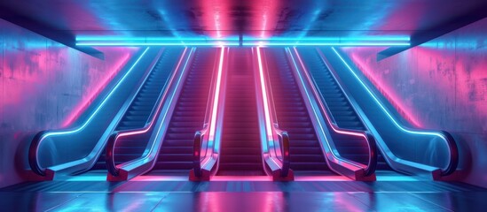 Wall Mural - Neon Escalators in an Empty Subway Station