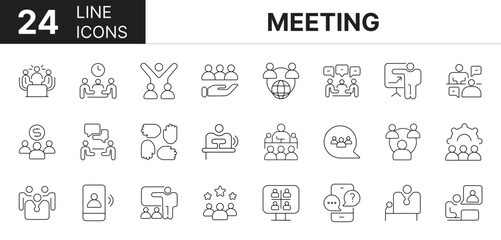 Collection of 24 meeting, line icons featuring editable strokes. These outline icons depict various modes of meeting, business, conference, planning, presentation, 