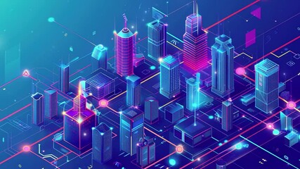 Poster - Smart city and communication network concept. Futuristic smart city isometric background with digital hologram of building. Futuristic urban technology. Technology Background. Smartcity buildings. IOT